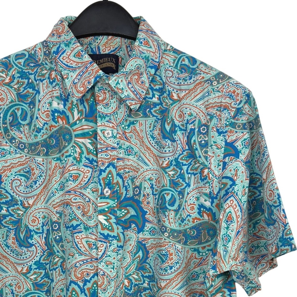 Cremieux Button Down Shirt Mens XL Blue Paisley Short Sleeve Cotton Lightweight